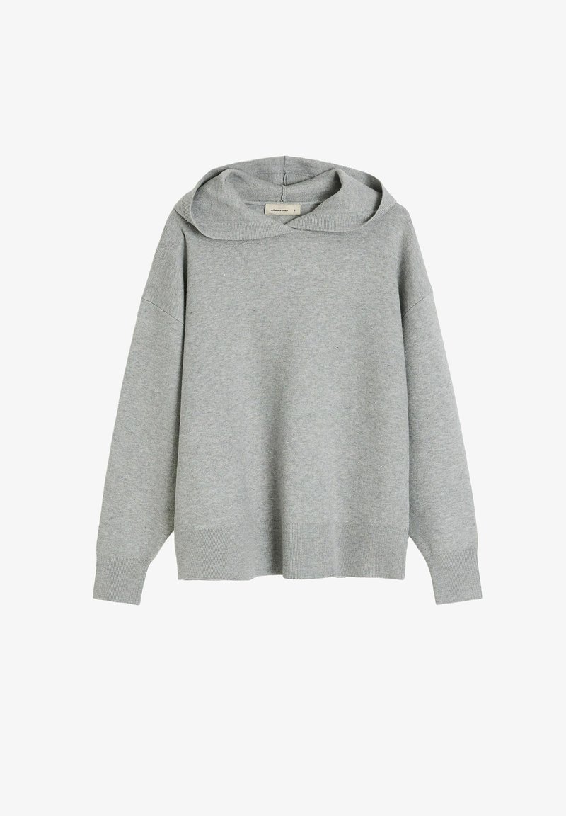 Szary, oversize’owy hoodie z szerokim, podwójnym kapturem, prążkowanymi mankietami i dołem. Wykonany z miękkiej, teksturowanej tkaniny. Bezszwowe ramiona.