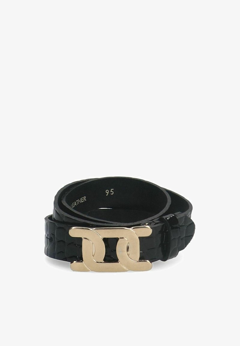 Black leather belt with a glossy crocodile texture, featuring a gold double link buckle and a narrow design. Größe marked as 95.