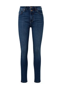 Jean skinny en denim bleu foncé. Conception taille haute avec deux poches avant et deux poches arrière. Fermeture à bouton en cuivre et à glissière.