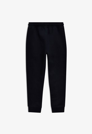 Zwarte joggingsbroek van zacht materiaal, met een elastische tailleband en aansluitende boorden. Eenvoudig ontwerp zonder zichtbare patronen of accenten.