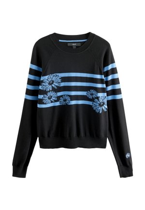 Juodas džemperis su mėlynomis horizontaliomis juostelėmis ir gėlių raštais. Ribinė apykaklė ir rankogaliai, trumpas modelis su tiesia apačia.