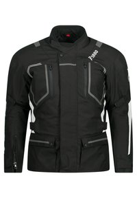 Czarna skórzana kurtka motocyklowa z srebrnymi akcentami, wykonana z trwałego materiału. Posiada kieszenie zapinane na zamek błyskawiczny i regulowane mankiety. Zawiera również elementy odblaskowe.