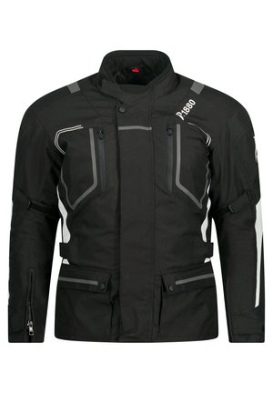 Chaqueta de motocicleta negra con acentos plateados, hecha de un tejido duradero. Cuenta con bolsillos con cremallera y puños ajustables. Incluye detalles reflectantes.