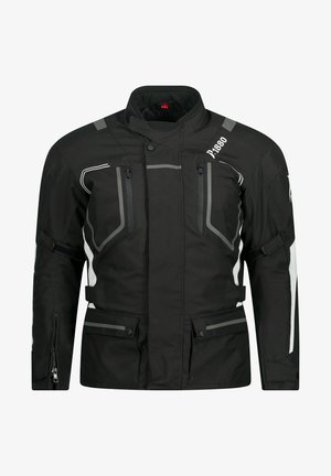 Schwarze Motorradjacke mit silbernen Akzenten, aus robustem Stoff. Verfügt über Reißverschlusstaschen und verstellbare Ärmelbündchen. Reflektierende Details sind enthalten.