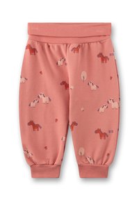 Baumwoll-Jogginghose in sanftem Pink mit einem wiederholten Pferde- und Blumenmuster, elastischem Bund und elastischen Knöcheln für eine bequeme Passform.
