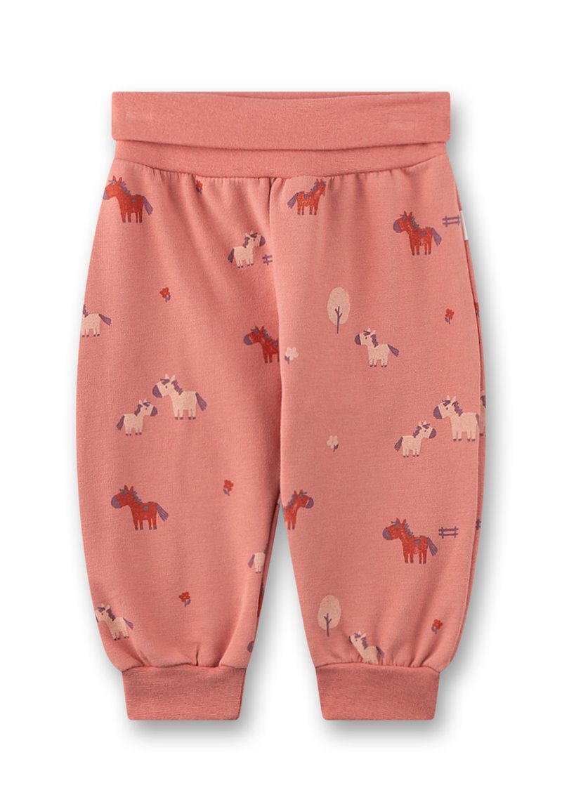 Baumwoll-Jogginghose in sanftem Pink mit einem wiederholten Pferde- und Blumenmuster, elastischem Bund und elastischen Knöcheln für eine bequeme Passform.