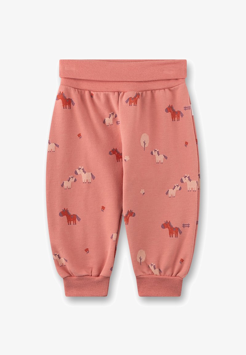 Baumwoll-Jogginghose in sanftem Pink mit einem wiederholten Pferde- und Blumenmuster, elastischem Bund und elastischen Knöcheln für eine bequeme Passform.