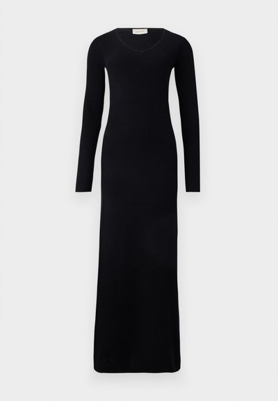 Black ribbed long-sleeve maxi dress with a V-neckline and fitted silhouette, made from a soft knit material. No notable patterns or accents.