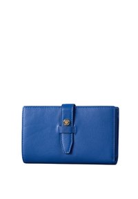 Blue leather wallet with a smooth texture, rectangular shape, and gold-tone hardware. Features a clasp closure and subtle stitching details.