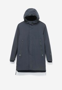 Parka impermeabile grigio scuro con cappuccio, dotata di tasche con zip, vestibilità dritta e texture liscia. Design minimalista con accenti discreti.