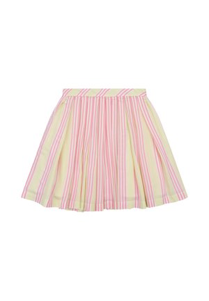 Korte geplooide rok met verticale roze en gele strepen, uitlopende pasvorm en tailleband.