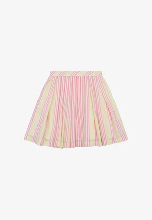 Korte geplooide rok met verticale roze en gele strepen, uitlopende pasvorm en tailleband.