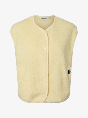 Veste en polaire jaune pâle avec encolure ronde, sans manches, et fermeture à pression à l'avant. Comprend une étiquette latérale avec le logo de la marque.