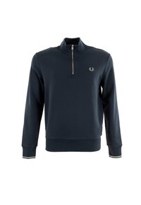 Sudadera con cremallera azul marino en mezcla de algodón, con un cuello alto, puños acanalados con franjas blancas y verdes, y un pequeño logo bordado.