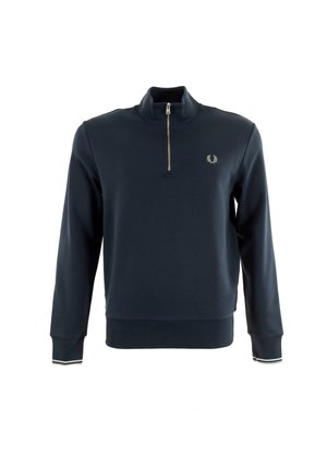 Felpa zip con colletto alto in misto cotone di colore blu navy, dotata di polsini a coste con strisce bianche e verdi e un piccolo logo ricamato.