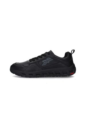 Scarpe da atletica nere con una tomaia in sintetico liscio, punta rotonda, suola con imbottitura e grip testurizzato. Accentuate da un logo sul lato.