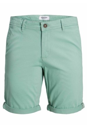 Pantalones cortos de color verde menta hechos de mezcla de algodón, con cierre de botón, dobladillos doblados y un solo bolsillo trasero con un diseño sencillo.