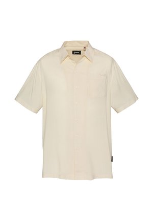 Chemise crème à manches courtes avec boutons, col pointu et poche poitrine, logo "Schott" brodé sur la poche.