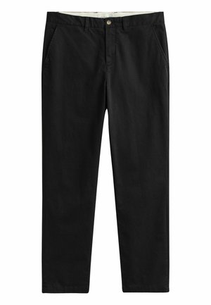 Pantaloni neri a gamba dritta con tasche frontali, passanti per cintura e chiusura con bottone in vita.