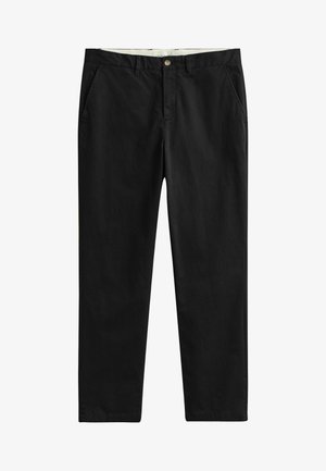 Pantaloni neri a gamba dritta con tasche frontali, passanti per cintura e chiusura con bottone in vita.