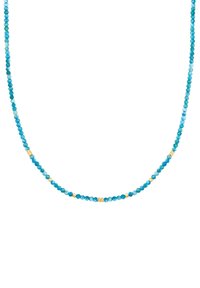 Turkosfärgad pärlhalsband som har små runda fasetterade stenar, som är inlagda med guldackcenter med jämna mellanrum. Klassisk design, lättvikts.