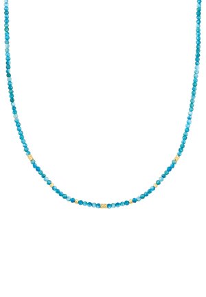 Collana di perle turchesi con piccole pietre rotonde sfaccettate, intervallate da accenti dorati a intervalli regolari. Design classico, leggera.