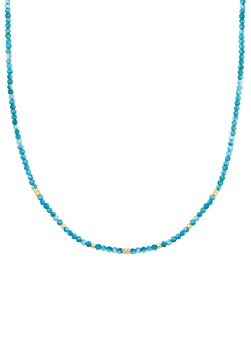 Turkosfärgad pärlhalsband som har små runda fasetterade stenar, som är inlagda med guldackcenter med jämna mellanrum. Klassisk design, lättvikts.