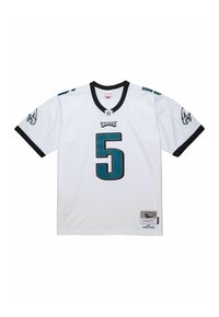 Weißes NFL-Trikot mit türkisfarbenen Akzenten, schwarzen Details und der Zahl 5 auffällig platziert. Enthält das Teamlogo auf den Ärmeln und ein gesticktes Etikett.