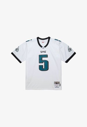 Weißes NFL-Trikot mit türkisfarbenen Akzenten, schwarzen Details und der Zahl 5 auffällig platziert. Enthält das Teamlogo auf den Ärmeln und ein gesticktes Etikett.