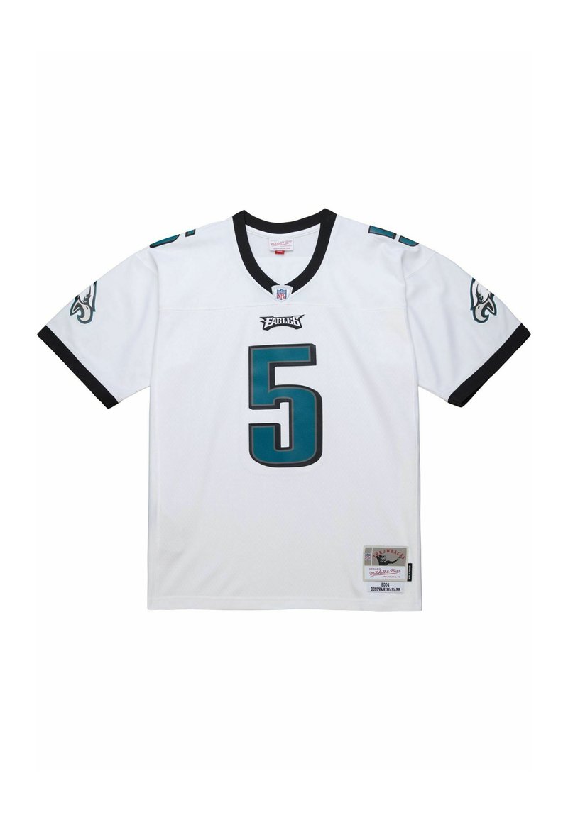 Weißes NFL-Trikot mit türkisfarbenen Akzenten, schwarzen Details und der Zahl 5 auffällig platziert. Enthält das Teamlogo auf den Ärmeln und ein gesticktes Etikett.