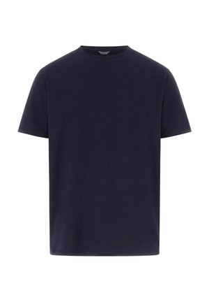 Granatowy bawełniany t-shirt z okrągłym dekoltem, krótkimi rękawami i prostym wzorem, charakteryzujący się gładką fakturą i brakiem widocznych wzorów.