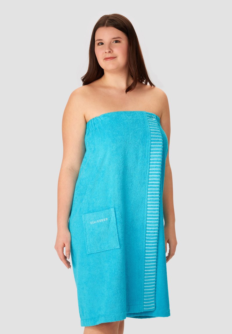 Türkisfarbiges Handtuchkleid, aus Frottiermaterial, trägerloses Design, vertikale gestreifte Akzentuierung, Seitentasche mit Markenname, weiche Textur.