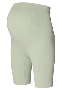 Lichtgroene geribbelde zwangerschapsfietsshorts met een hoge tailleband en rekbaar materiaal voor comfort en ondersteuning.