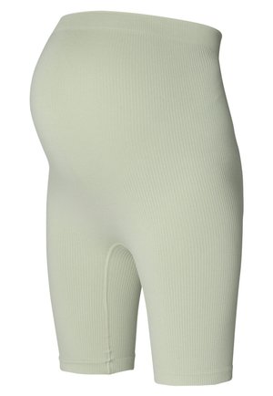Jasnozielone, prążkowane szorty rowerowe dla kobiet w ciąży z wysokim pasem i elastycznym materiałem dla wygody i wsparcia.