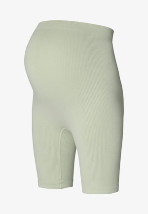 Jasnozielone, prążkowane szorty rowerowe dla kobiet w ciąży z wysokim pasem i elastycznym materiałem dla wygody i wsparcia.