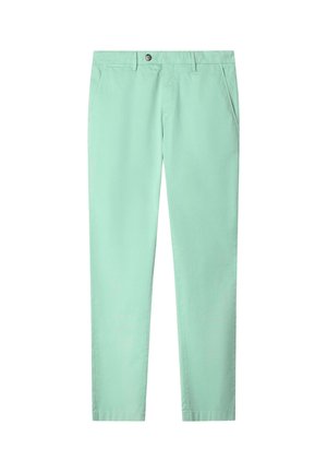 Pantaloni verde chiaro a gamba dritta con passanti per cintura, chiusura con bottone e tasche laterali, distesi su uno sfondo bianco.