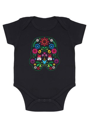 Sort onesie med et farverigt, blomsteragtigt kranietdesign med grønne accenter, hvide kaniner og livlige blomster. Korte ærmer og trykknaplukning.