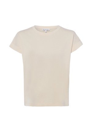 Beige short-sleeve cotton T-shirt with crew neckline, small size label inside collar, plain front without patterns or logos.