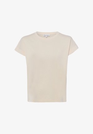 Beige short-sleeve cotton T-shirt with crew neckline, small size label inside collar, plain front without patterns or logos.