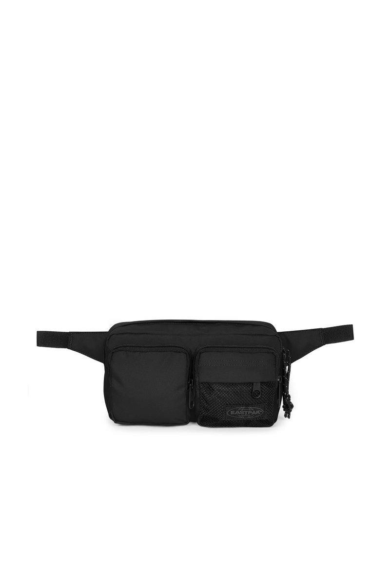 Black waist bag made of durable fabric, featuring two zippered compartments, a mesh pocket, and an adjustable strap for secure wear.