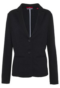 Veste noire en tissu texturé, coupe simple boutonnage, deux poches avant et col cranté. Présente des boutons noirs et une doublure intérieure contrastante.