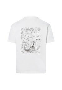 White cotton t-shirt featuring a black line art graphic on the back with topographic contours and text elements. Crew neck design.