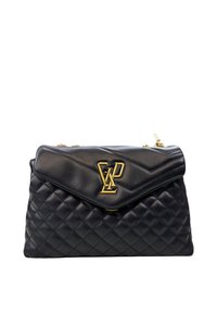 Borsa a tracolla nera in pelle trapuntata con un accento del logo dorato, caratterizzata da una chiusura a patta e una sezione superiore liscia. Motivo a diamante testurizzato sul corpo.