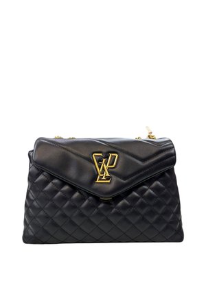 Borsa a tracolla nera in pelle trapuntata con un accento del logo dorato, caratterizzata da una chiusura a patta e una sezione superiore liscia. Motivo a diamante testurizzato sul corpo.