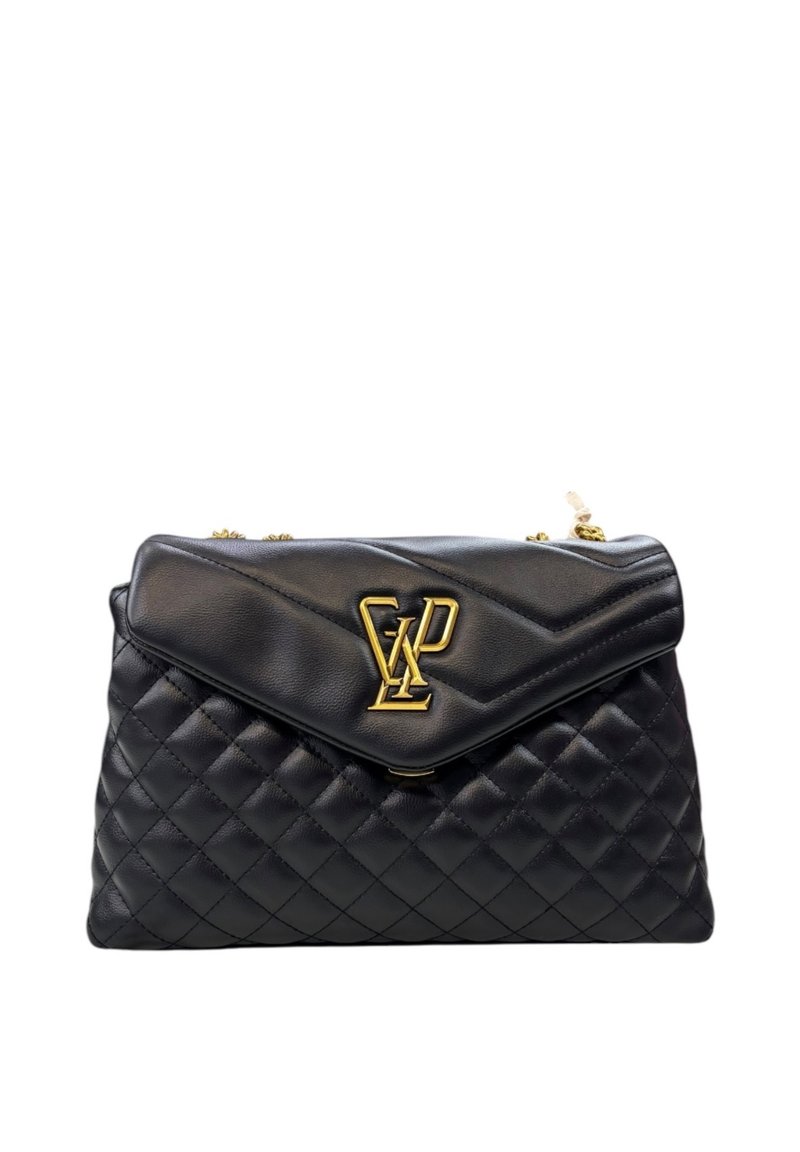 Borsa a tracolla nera in pelle trapuntata con un accento del logo dorato, caratterizzata da una chiusura a patta e una sezione superiore liscia. Motivo a diamante testurizzato sul corpo.
