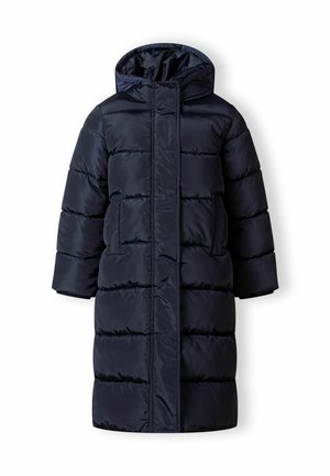 Tummansininen puffatakki, jossa on huppu, suoraviivainen leikkaus, tikatut osiot, kaksi etutaskua ja pitkä vetoketju edessä.