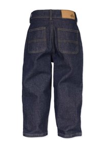 Dark denim jeans with a straight leg cut, featuring two back pockets, contrasting yellow stitching, and a brown leather patch at the waist.