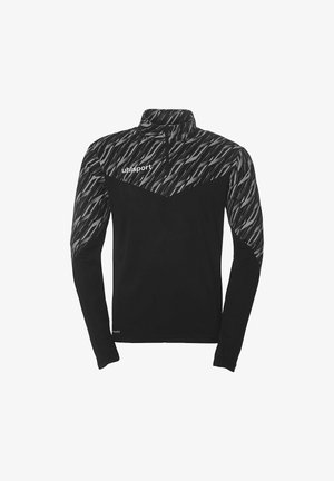 Sort atletisk top med høj krave, prydet med et gråt abstrakt mønster på den øverste halvdel og en tætsiddende design. Fremstillet af letvægtsstof.