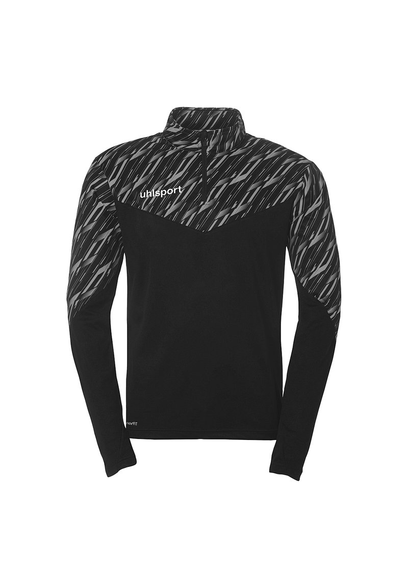 Schwarzes Sportoberteil mit hohem Kragen, das auf der oberen Hälfte ein graues abstraktes Muster aufweist und eine taillierte Passform hat. Hergestellt aus leichtem Stoff.