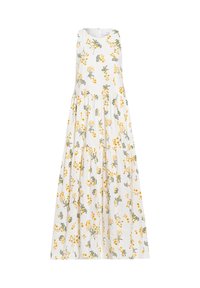 Ærmeløs hvid maxi-kjole med et blomsterdesign af gule og grønne blomster, med en lagdelt skørt design.